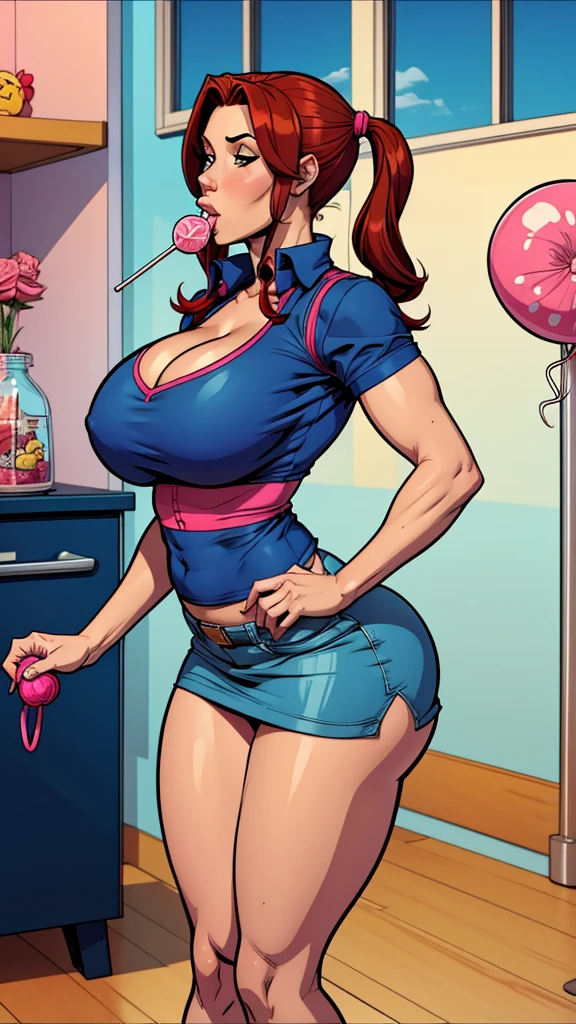 Woman brunette,red hair and pigtails,blue shirt,pink school miniskirt,sucking a lollipop,well-endowed,well-proportioned legs,incredibly attractive,busty,big ass. Comic style