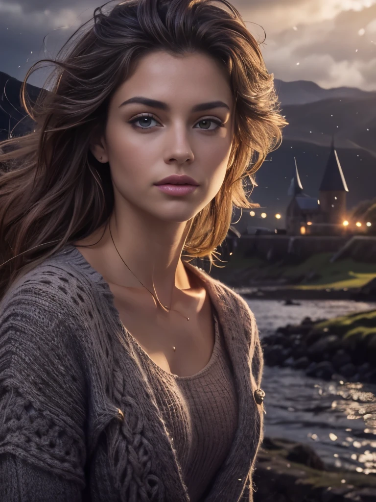 (High angle shot),(masterpiece . uhd. Photorealistic) Foreground: a gorgeous European light brunette woman, age 23, wet wavy hair in the wind. subtle smile and flirts with the camera, (she wears casual shirt with a long wool sweater and leggings:1.2),background landscape of Scotland Loch and Scottish castle ruins, (( At moonlight :1.2)), perfect eyes, perfect hands, perfect body, perfect hair, perfect breast, hair behind ear, accurate, anatomically correct,