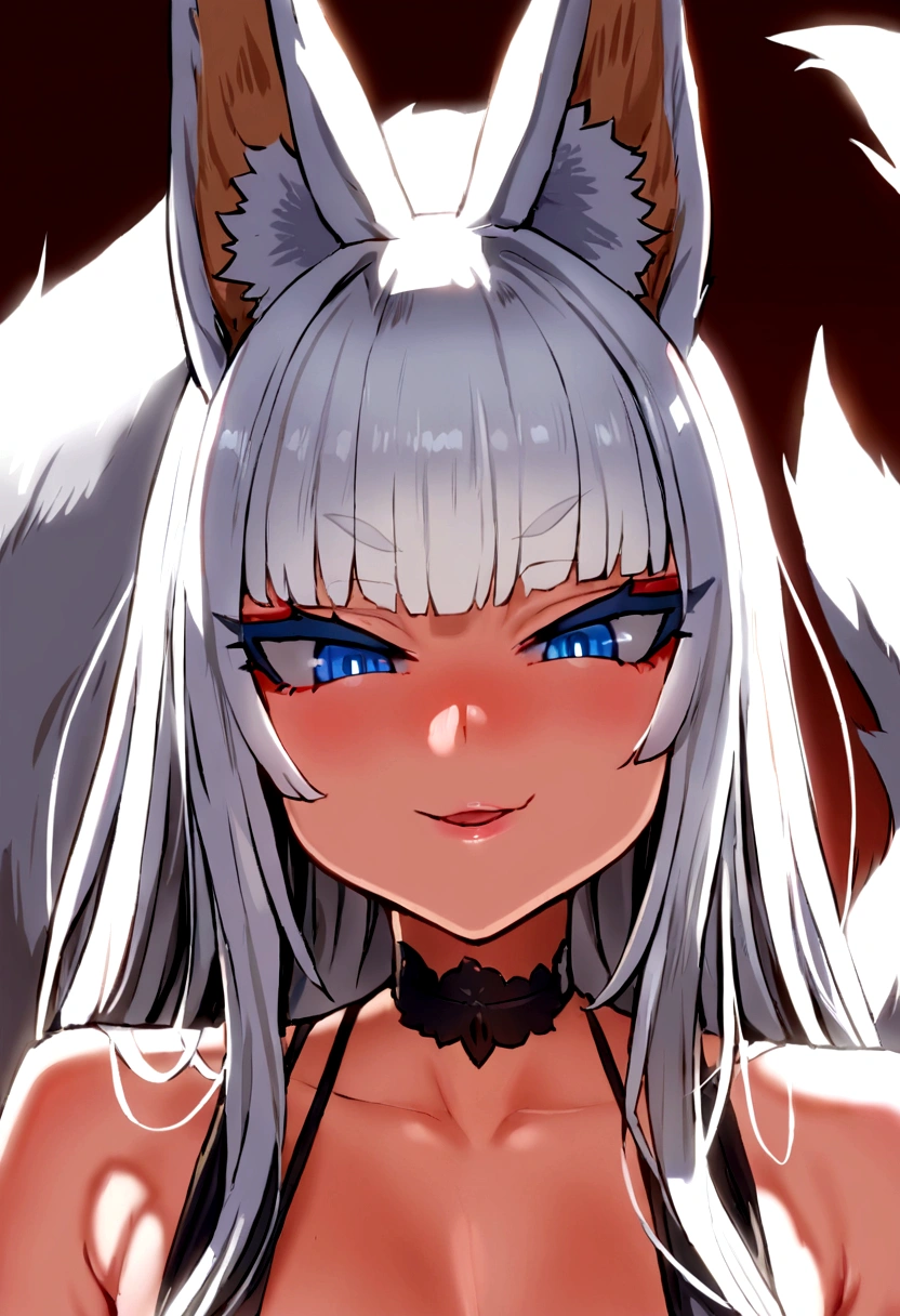 masterpiece, best quality, kitsune 1girl, solo, beautiful kitsune woman, fox ears, bangs, white hair, very long hair, blue eyes, smug, medium breasts, black choker, black bra, black panties, 5 white fox tails, white hair, cowboyshot, looking at viewer