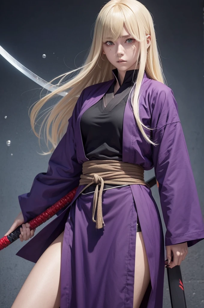 Personagem 2d Jujutsu Kaisen, with bangs and long, blonde hair, haori with blood droplets, lilac eyes and katana.