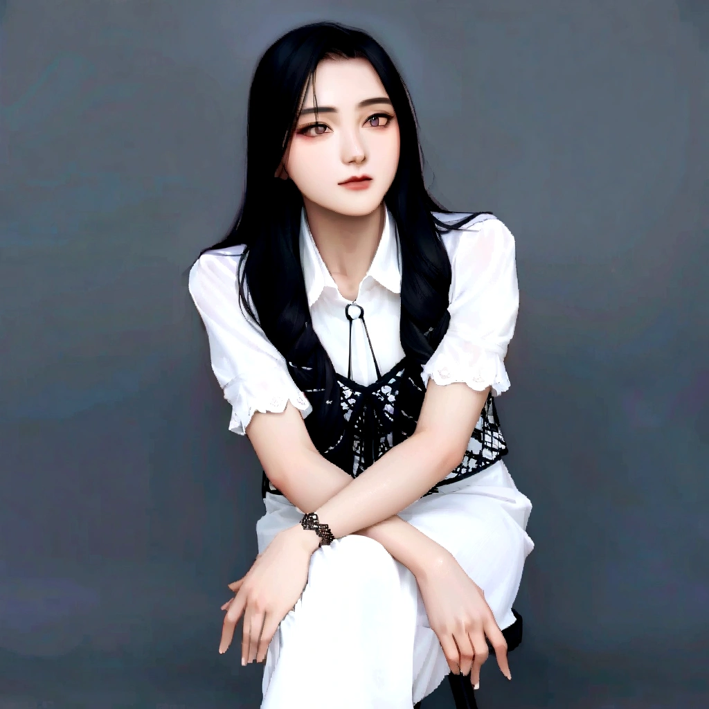 arafed woman sitting on a chair with a white shirt and black and white dress, li zixin, xintong chen, wenfei ye, xision wu, pengzhen zhang, mingchen shen, zeng fanzh, yun ling, qiu fang, zhelong xu, wei wang, louise zhang, xue han, chengyou liu