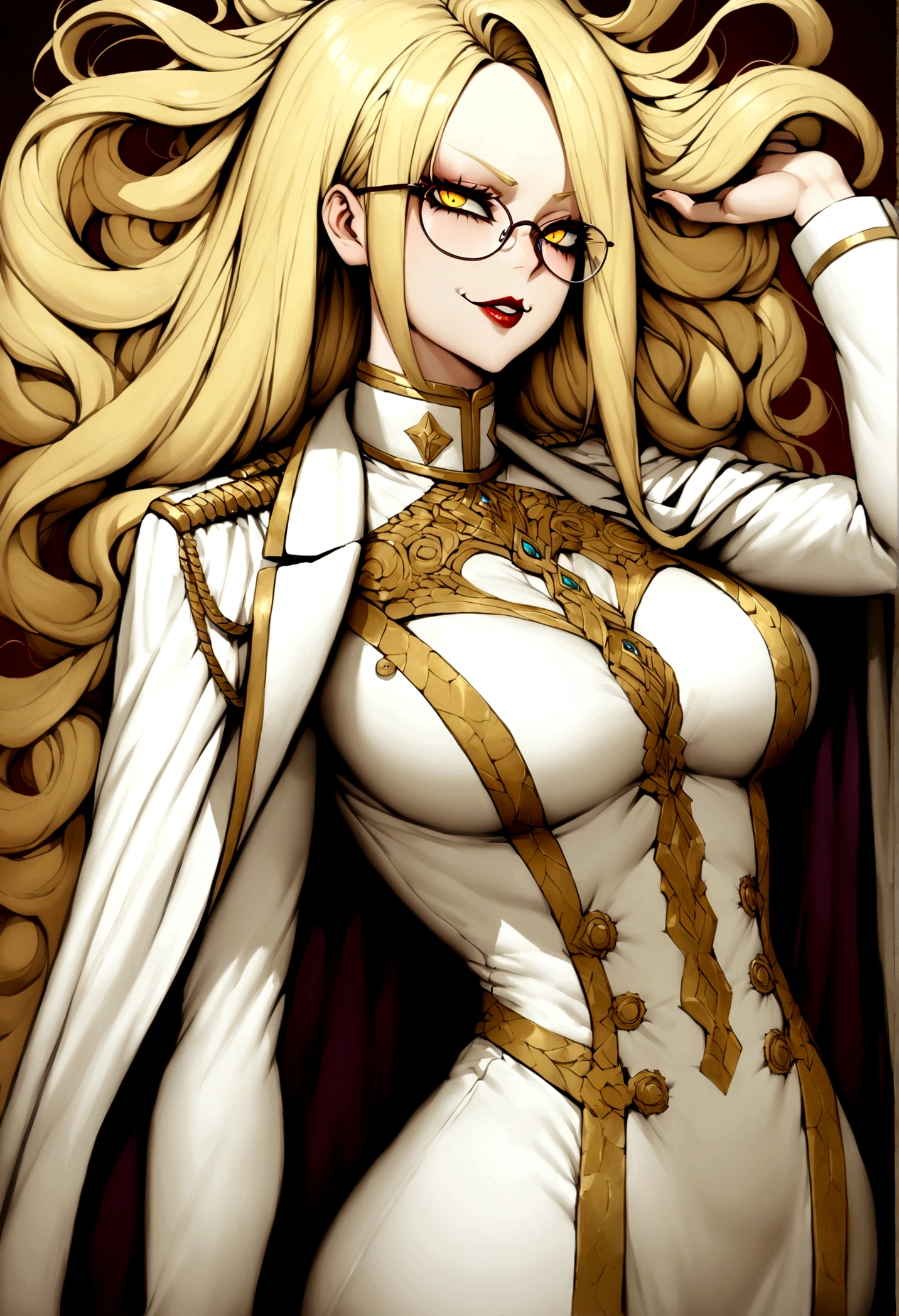 tall woman, volumptious body, long blonde hair, glasses, seductive smile, evil smile, evil eyes, yellow eyes, white military uniform, white coat hanging on the shoulder, dominant