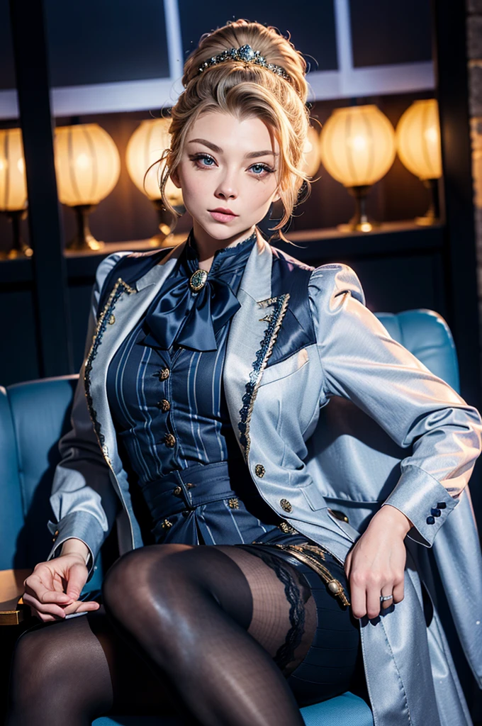 nataliedormer, beau visage détaillé, une femme assise à un talk-show, tailleur jupe en satin à carreaux gris, (((costume trois pièces))), (((chemise habillée))), (((cravate))), blazer, (((veste de costume))), revers noir brillant (((gilet))), double-breasted gilet, (((jupe moulante))), Jupe au-dessus du genou, jupe crayon, collants, collants, pochette de costume, pince à cravate, boutons de manchette,