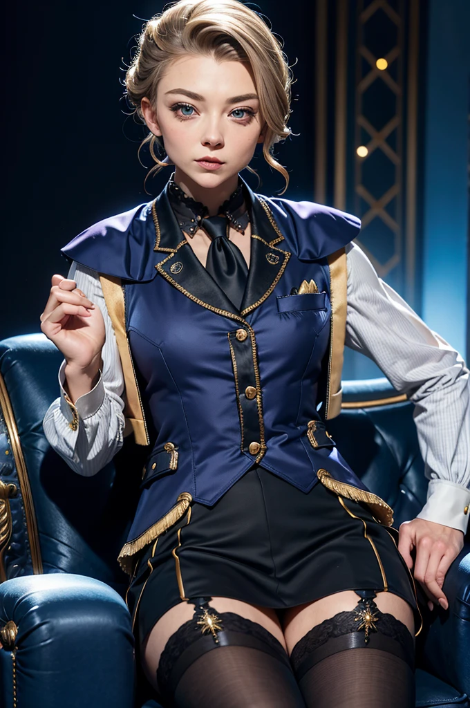 nataliedormer, beau visage détaillé, une femme assise à un talk-show, tailleur jupe en satin à carreaux gris, (((costume trois pièces))), (((chemise habillée))), (((cravate))), blazer, (((veste de costume))), revers noir brillant (((gilet))), double-breasted gilet, (((jupe moulante))), Jupe au-dessus du genou, jupe crayon, collants, collants, pochette de costume, pince à cravate, boutons de manchette,