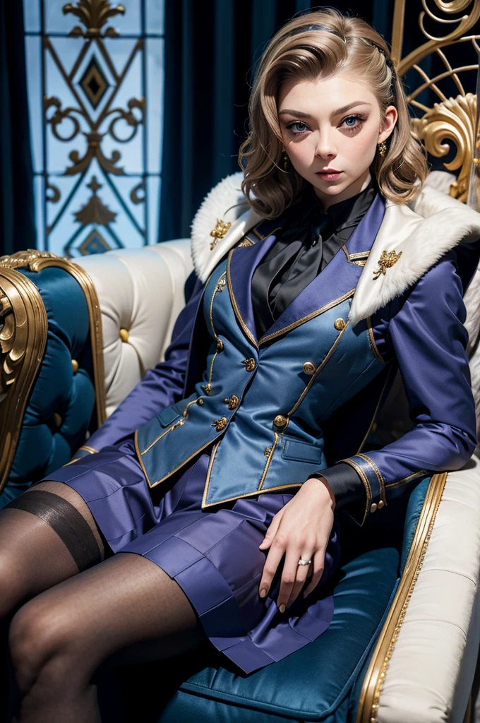 nataliedormer, beau visage détaillé, une femme assise à un talk-show, tailleur jupe en satin à carreaux gris, (((costume trois pièces))), (((chemise habillée))), (((cravate))), blazer, (((veste de costume))), revers noir brillant (((gilet))), double-breasted gilet, (((jupe moulante))), Jupe au-dessus du genou, jupe crayon, collants, collants, pochette de costume, pince à cravate, boutons de manchette,