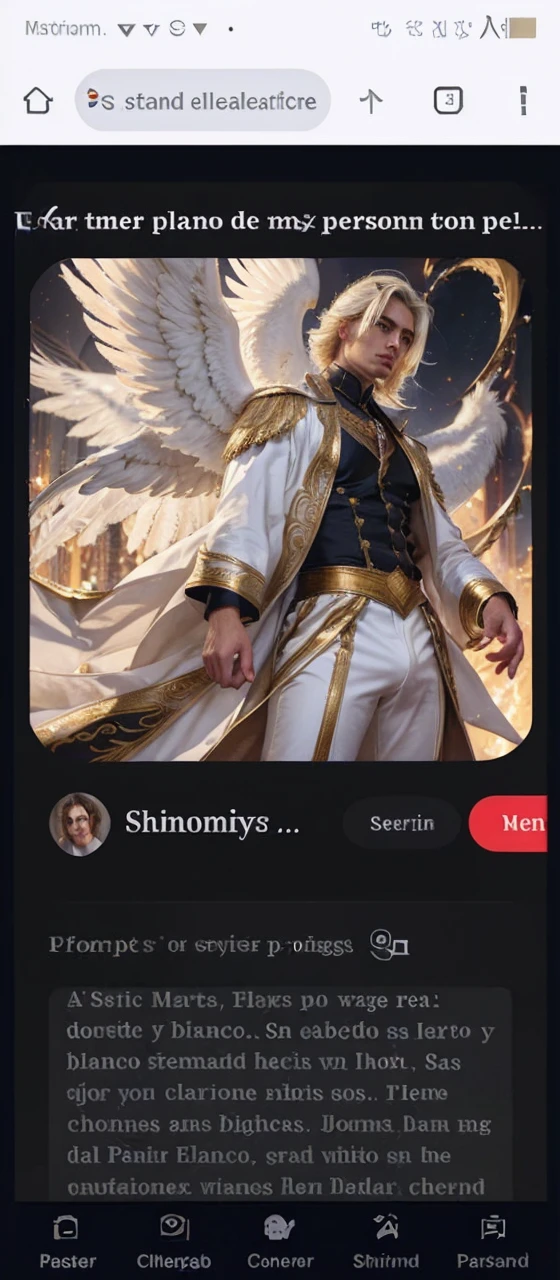 Jose is a young handsome man., standing at 7 feet tall, He wears an elegant white and gold suit... His hair is short and white.. His eyes are golden.. It has huge white wings.. Human form of the White Phoenix. big bulge in his crotch of his pants. detailed hands. detailed body. muscular male