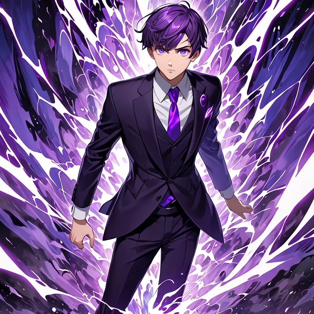 work of art, best qualityer, high resolution, age man, purple short straight hair, purples eyes, shock elemental power, rigid feature, formal clothes.