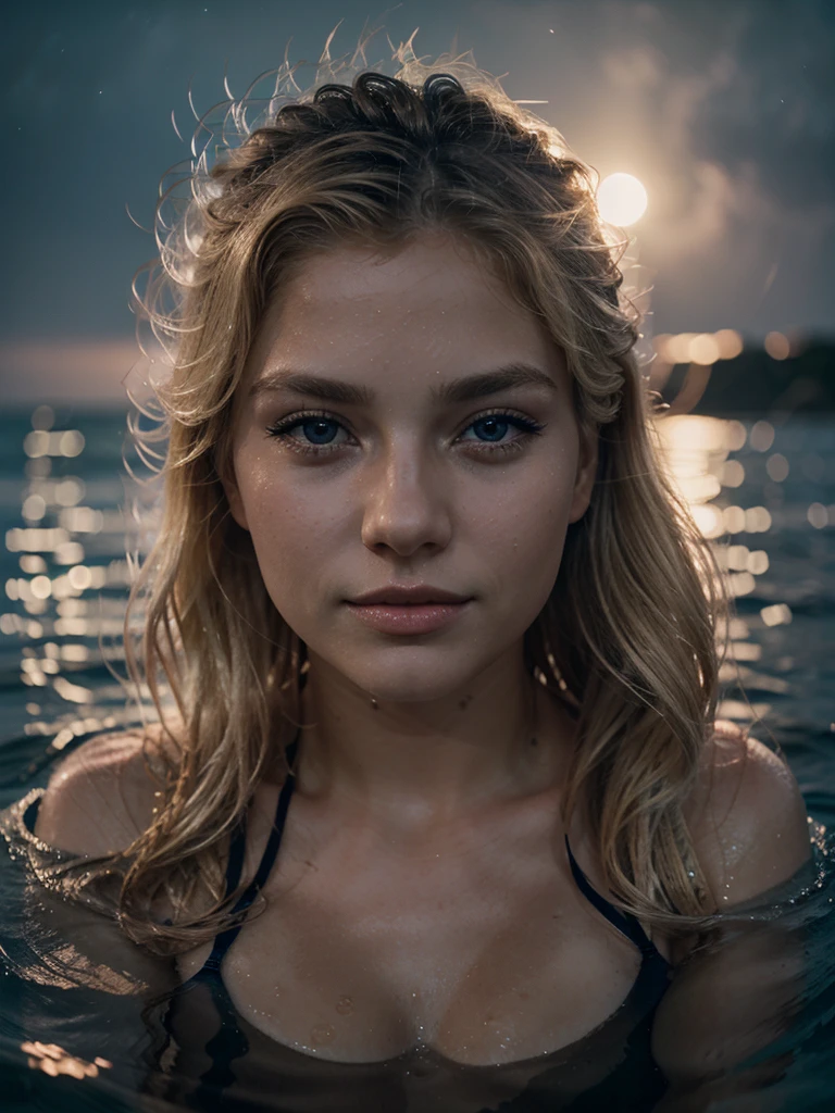 a beautiful blonde woman swimming in the sea at night, midnight swim, sexy, nude, detailed face, long eyelashes, high quality, photorealistic, soft lighting, ocean waves, moonlight, mist, dreamy atmosphere