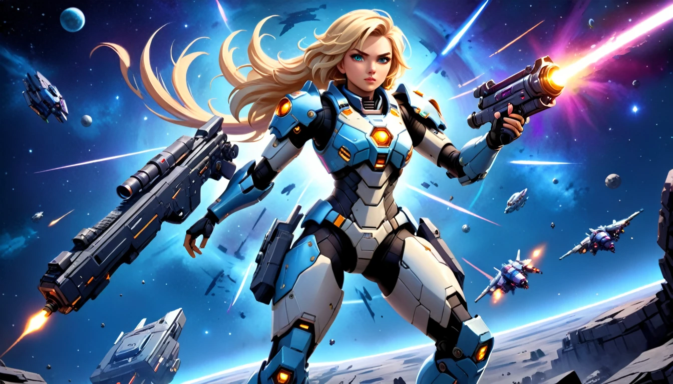 a human female mech warrior in battle on a moon in space, full body shot, action shot, a tough and beautiful female mech warrior, short blond hair, dynamic eye color, intent gaze, ultra detailed face, best detailed face, she wears mech armor, and massive sci-fi gun, in battle, outer space background, stars, vibrant, Ultra-high resolution, High Contrast, (masterpiece:1.5), highest quality, Best aesthetics), best details, best quality, highres, (ultra wide angle: 1.2), 16k, ultra detailed, masterpiece, best quality, (extremely detailed),aetherpunkai, Mechanical Creatures, 