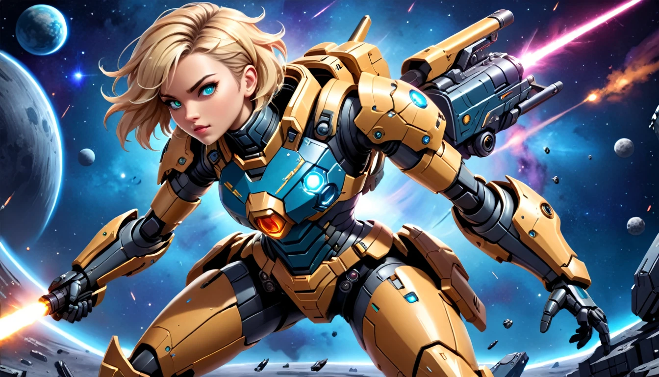 a human female mech warrior in battle on a moon in space, full body shot, action shot, a tough and beautiful female mech warrior, short blond hair, dynamic eye color, intent gaze, ultra detailed face, best detailed face, she wears mech armor, and massive sci-fi gun, in battle, outer space background, stars, vibrant, Ultra-high resolution, High Contrast, (masterpiece:1.5), highest quality, Best aesthetics), best details, best quality, highres, (ultra wide angle: 1.2), 16k, ultra detailed, masterpiece, best quality, (extremely detailed),aetherpunkai, Mechanical Creatures, 