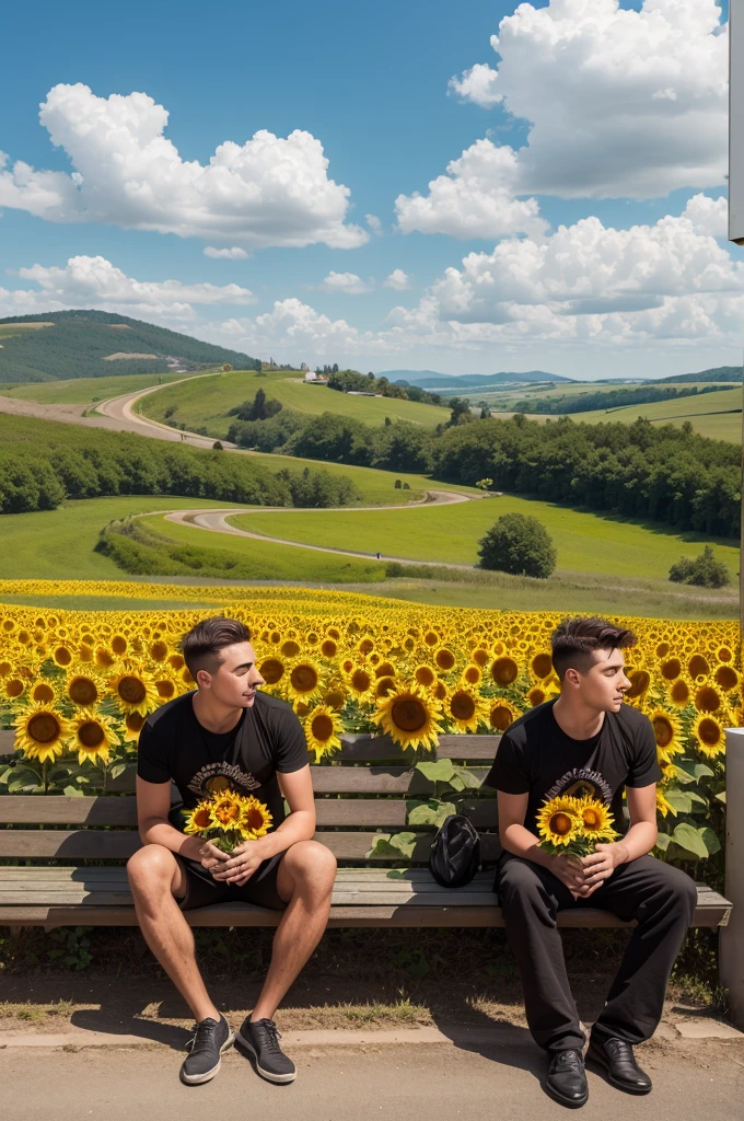 create an image for me of a hill of sunflowers with 3 brothers sitting on a bench at the top of the hill (all 3 are men, one is 21, another 17 and the other 14, That's why they have slightly different heights, they are all white, brown hair and are holding hands, the sky is cloudy my, It's windy and at the top there's cursive writing "1980")