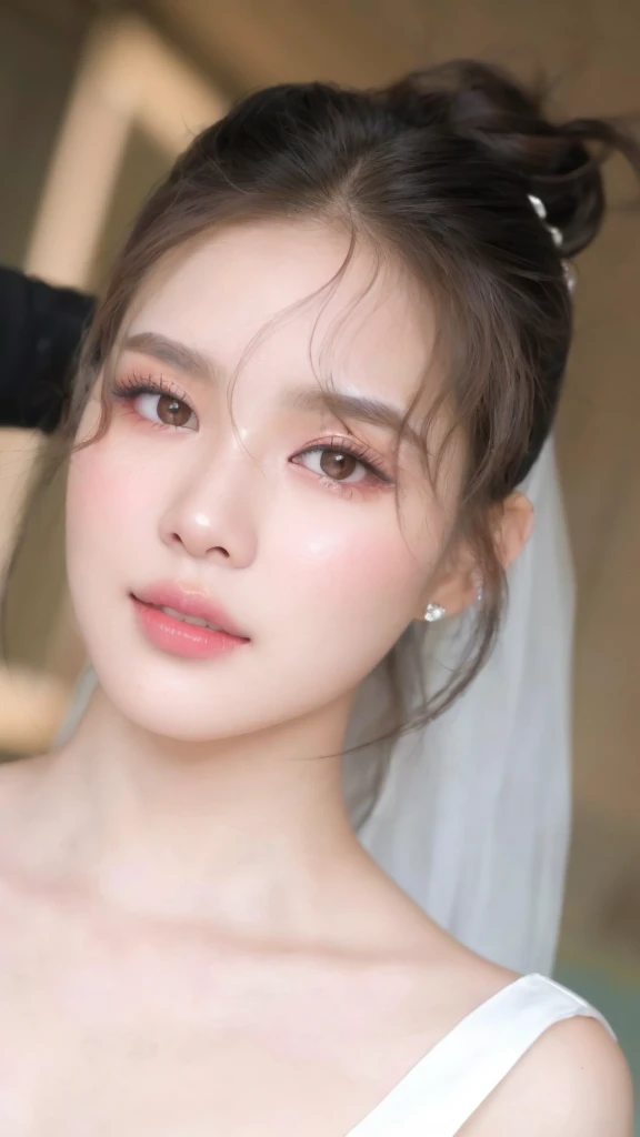 A close-up of a woman with a veil on her head, Popular Korean makeup, South Korean popular makeup, soft makeup, light makeup, sexy face with full makeup, young and adorable korean face, with jennie pink black, Portrait of Jennie from Blackpink, Beautiful young Korean woman, leaked image, Kim Jennie the Blackpink
