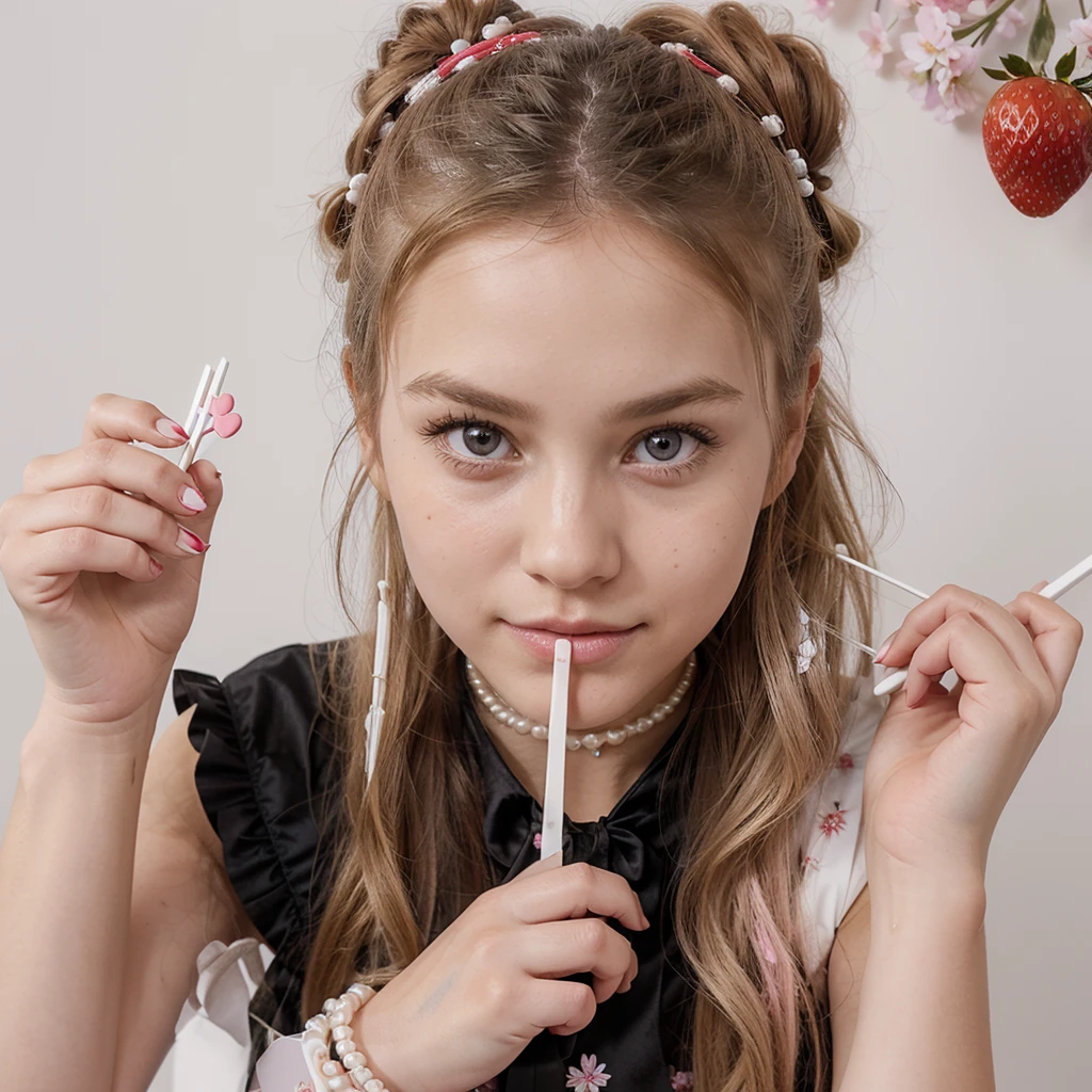 A young girl with long blonde hair styled in a bun, with a red and white checkered bow on top. Her large, expressive eyes are a vibrant violet color. She has a fair complexion and a playful, slightly mischievous expression on her face. She is wearing a sleek black thief suit that fits snugly, emphasizing her agile and stealthy appearance. She accessorizes with a simple pearl choker necklace and a beaded bracelet. In one hand, she holds a cup filled with strawberries and Pocky sticks, while in the other, she holds a small fork with a piece of strawberry on it. The background is pink with white sparkles and flower-like shapes, adding to the cute and whimsical atmosphere.
