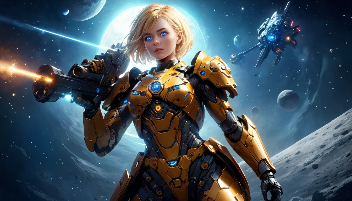 a human female mech warrior in battle on a moon in space, full body shot, action shot, a tough and beautiful female mech warrior, short blond hair, dynamic eye color, intent gaze, ultra detailed face, best detailed face, she wears mech armor, and massive sci-fi gun, in battle, outer space background, stars, vibrant, Ultra-high resolution, High Contrast, (masterpiece:1.5), highest quality, Best aesthetics), best details, best quality, highres, (ultra wide angle: 1.2), 16k, ultra detailed, masterpiece, best quality, (extremely detailed),aetherpunkai, Mechanical Creatures, 