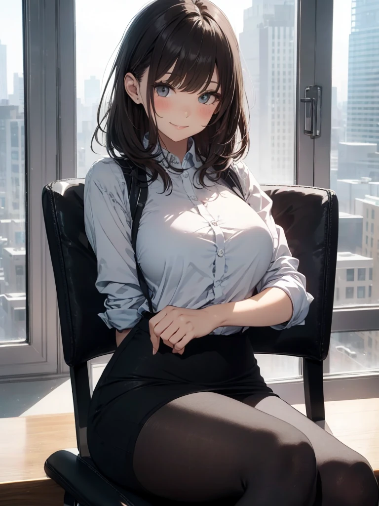 1 flight attendant, 独奏, White high heels, White transparent skinny shirt, Pleated mini-skirt, tmasterpiece, best qualtiy, realisticlying, ultra - detailed, (shiny skins, perspired:1.4), absurderes, looking at viewert, With short black hair, with brown eye,slender,dynamic light and shadow,hight resolution,Sharp Focus, Sharp pupils, Squatting Pose,black pantyhose,cleanness,stockings,blackstockings,cropped shoulders,tiptoes,Dark red underwear