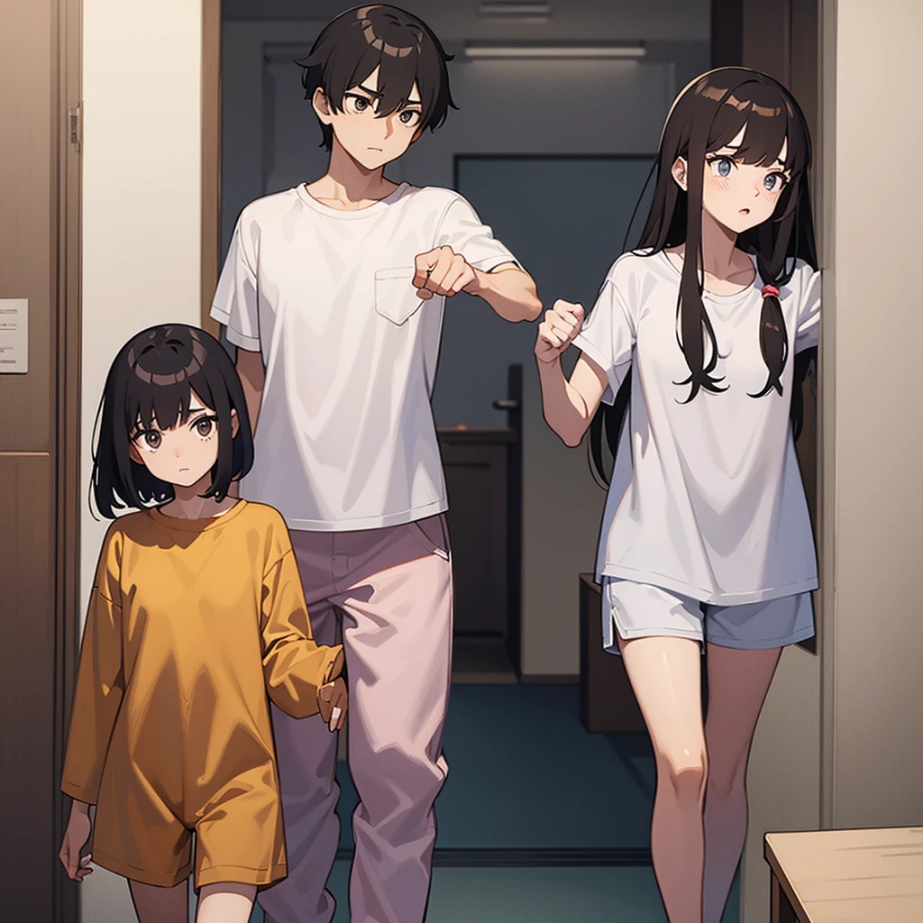 "Create an image split vertically in half, showing Alex and Sofia on opposite sides. They are both in their respective rooms, wearing pajamas, e looking down their shorts with expressions of shock and fright. The vertical dividing line should highlight the difference in environments and the unusual situation."Alex: "A 16 year old, athletic, with short dark brown hair, wearing men&#39;s pajamas (short sleeve t-shirt and shorts). He is standing on the left side of the image, in a room decorated with sports themes, looking down his shorts with an expression of shock and fright."Sofia: "a 16 year old girl, slender, with long, light brown hair, wearing women&#39;s pajamas (pajama top and shorts). She is standing on the right side of the image, in a softly decorated room, looking down his shorts with an expression of shock and fright."Divider: "The image is split vertically in half, highlighting the difference between the rooms and the unusual situation of the two teenagers swapping bodies.""Both characters are dressed in their pajamas, each in their own room, with a vertical dividing line between them, looking down their shorts with expressions of shock and fright."