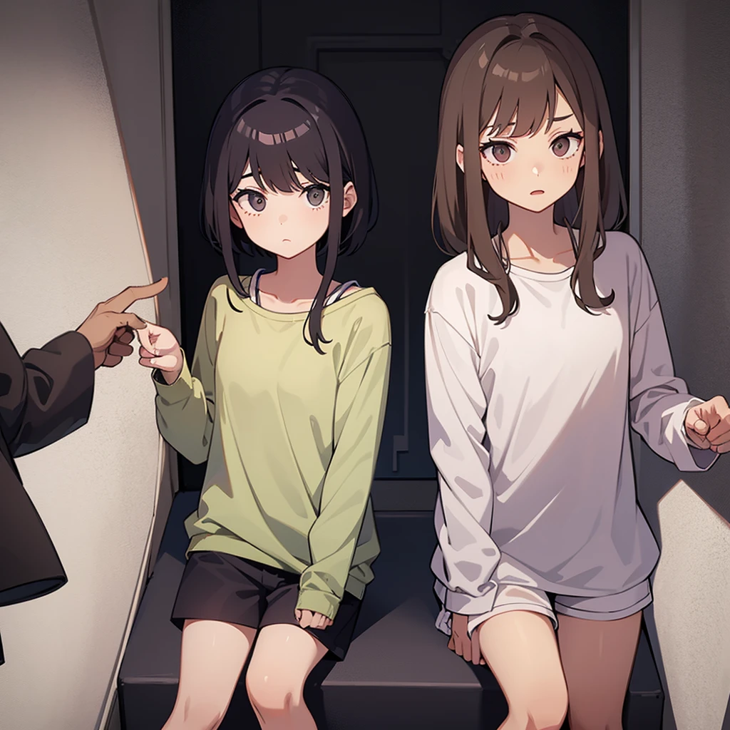 "Create an image split vertically in half, showing Alex and Sofia on opposite sides. They are both in their respective rooms, wearing pajamas, e looking down their shorts with expressions of shock and fright. The vertical dividing line should highlight the difference in environments and the unusual situation."Alex: "A 16 year old, athletic, with short dark brown hair, wearing men's pajamas (short sleeve t-shirt and shorts). He is standing on the left side of the image, in a room decorated with sports themes, looking down his shorts with an expression of shock and fright."Sofia: "a 16 year old girl, slender, with long, light brown hair, wearing women's pajamas (pajama top and shorts). She is standing on the right side of the image, in a softly decorated room, looking down his shorts with an expression of shock and fright."Divider: "The image is split vertically in half, highlighting the difference between the rooms and the unusual situation of the two teenagers swapping bodies.""Both characters are dressed in their pajamas, each in their own room, with a vertical dividing line between them, looking down their shorts with expressions of shock and fright."
