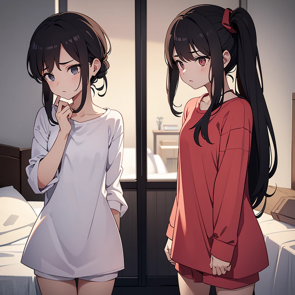 "Create an image split vertically in half, showing Alex and Sofia on opposite sides. They are both in their respective rooms, wearing pajamas, e looking down their shorts with expressions of shock and fright. The vertical dividing line should highlight the difference in environments and the unusual situation."Alex: "A 16 year old, athletic, with short dark brown hair, wearing men's pajamas (short sleeve t-shirt and shorts). He is standing on the left side of the image, in a room decorated with sports themes, looking down his shorts with an expression of shock and fright."Sofia: "a 16 year old girl, slender, with long, light brown hair, wearing women's pajamas (pajama top and shorts). She is standing on the right side of the image, in a softly decorated room, looking down his shorts with an expression of shock and fright."Divider: "The image is split vertically in half, highlighting the difference between the rooms and the unusual situation of the two teenagers swapping bodies.""Both characters are dressed in their pajamas, each in their own room, with a vertical dividing line between them, looking down their shorts with expressions of shock and fright."