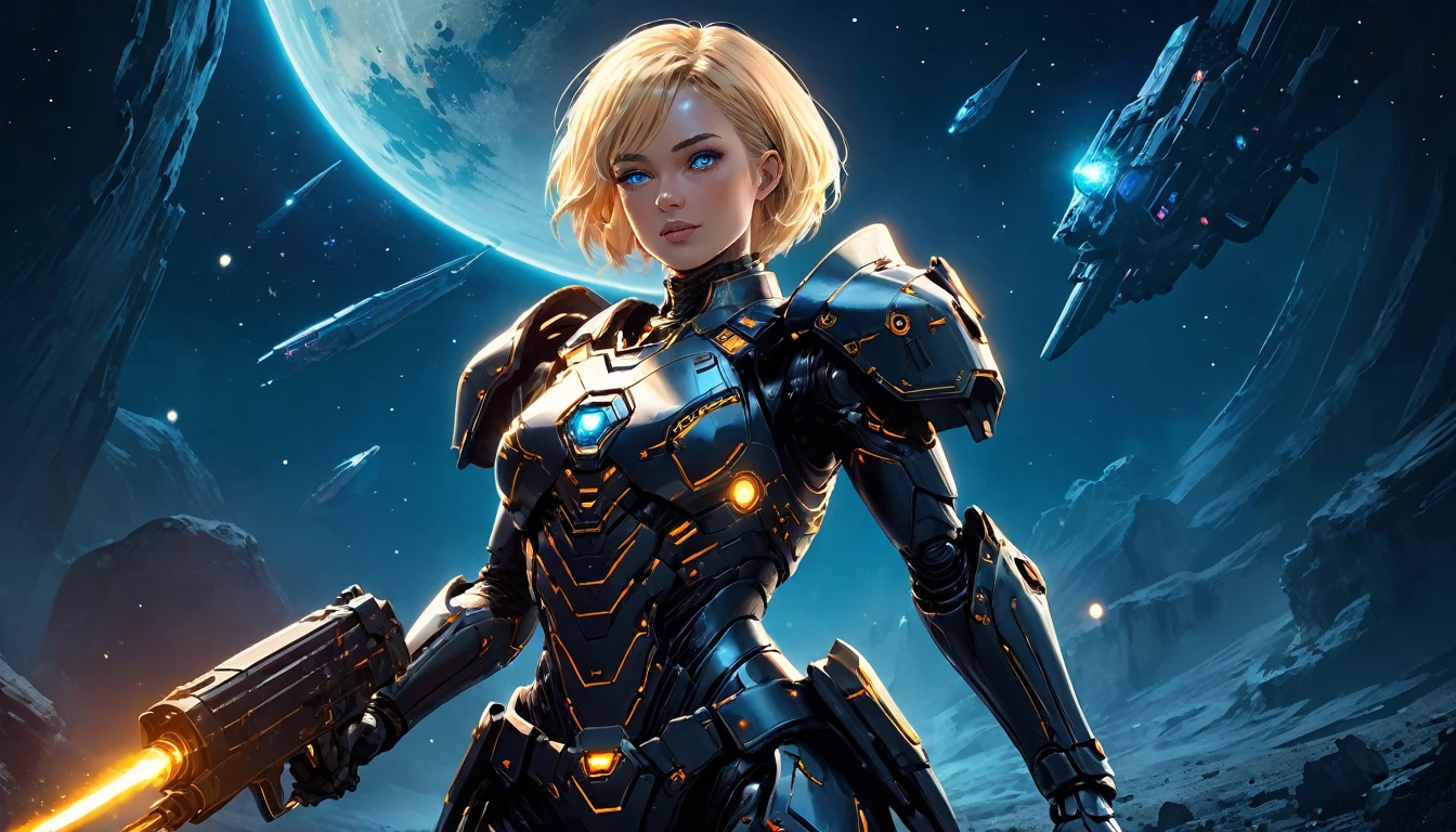 a human female mech warrior in battle on a moon in space, full body shot, action shot, a tough and beautiful female mech warrior, short blond hair, dynamic eye color, intent gaze, ultra detailed face, best detailed face, she wears mech armor, and massive sci-fi gun, in battle, outer space background, stars, vibrant, Ultra-high resolution, High Contrast, (masterpiece:1.5), highest quality, Best aesthetics), best details, best quality, highres, (ultra wide angle: 1.2), 16k, ultra detailed, masterpiece, best quality, (extremely detailed),dark novel, Mechanical Creatures, 