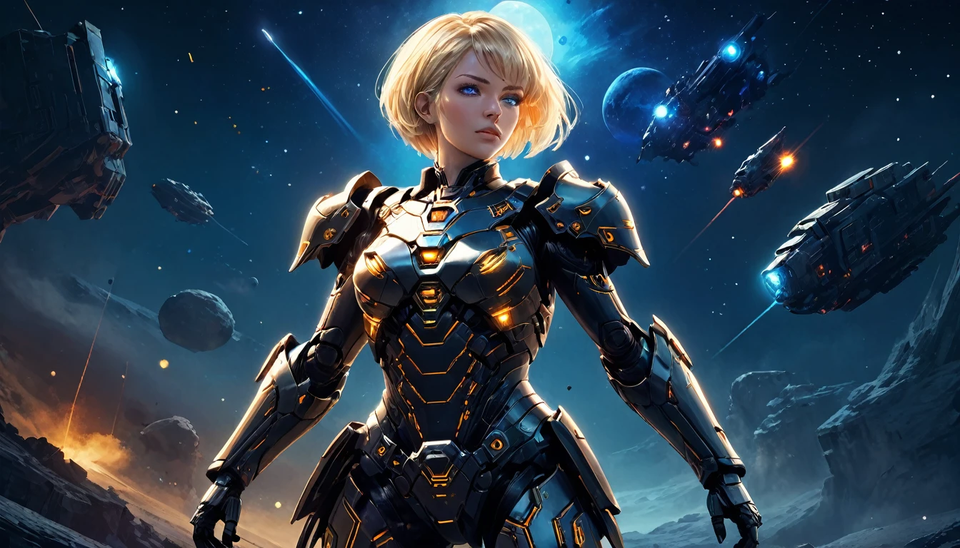 a human female mech warrior in battle on a moon in space, full body shot, action shot, a tough and beautiful female mech warrior, short blond hair, dynamic eye color, intent gaze, ultra detailed face, best detailed face, she wears mech armor, and massive sci-fi gun, in battle, outer space background, stars, vibrant, Ultra-high resolution, High Contrast, (masterpiece:1.5), highest quality, Best aesthetics), best details, best quality, highres, (ultra wide angle: 1.2), 16k, ultra detailed, masterpiece, best quality, (extremely detailed),dark novel, Mechanical Creatures, 