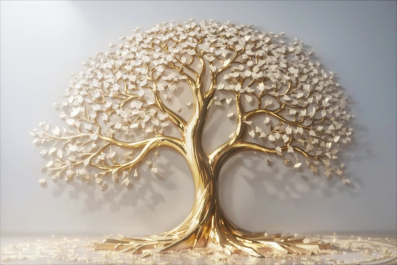a large golden tree with leaves is shown, golden sacred tree, gold foil art, sculpture made of gold, tree of Life, the tree of Life, gold leaf painting, a huge silver tree, metallic art, tree of Life seed of doubt, 3 d oil painting, an arcylic art, stunning artwork, linda arte, stunning art, the world tree