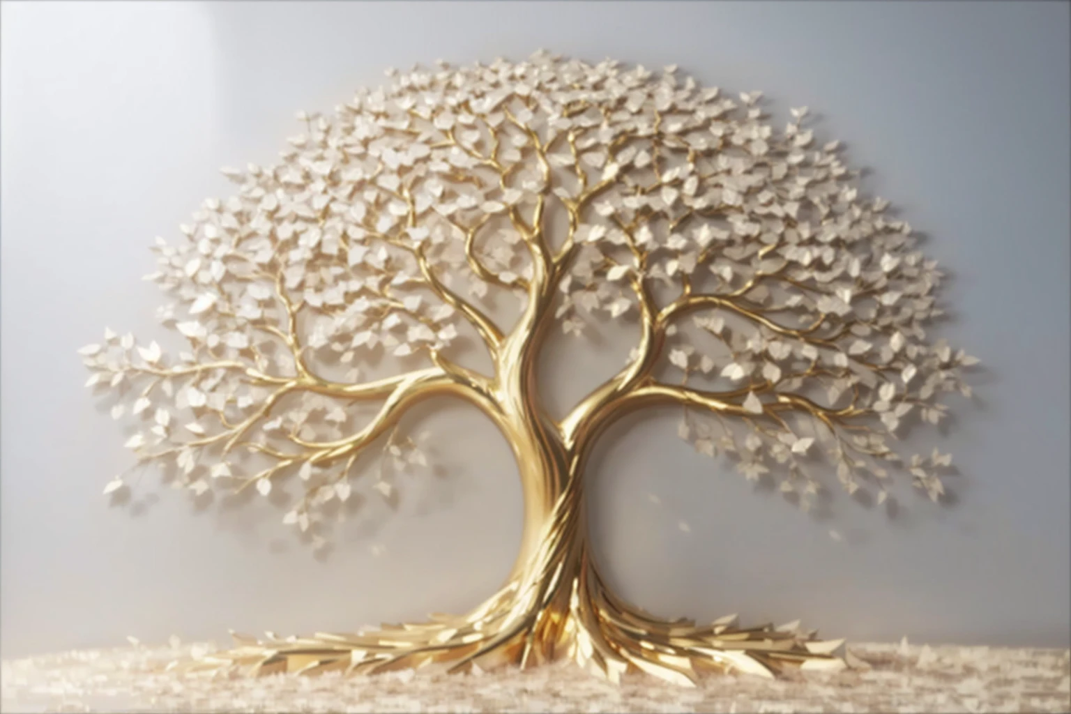 a large golden tree with leaves is shown, golden sacred tree, gold foil art, sculpture made of gold, tree of Life, the tree of Life, gold leaf painting, a huge silver tree, metallic art, tree of Life seed of doubt, 3 d oil painting, an arcylic art, stunning artwork, linda arte, stunning art, the world tree