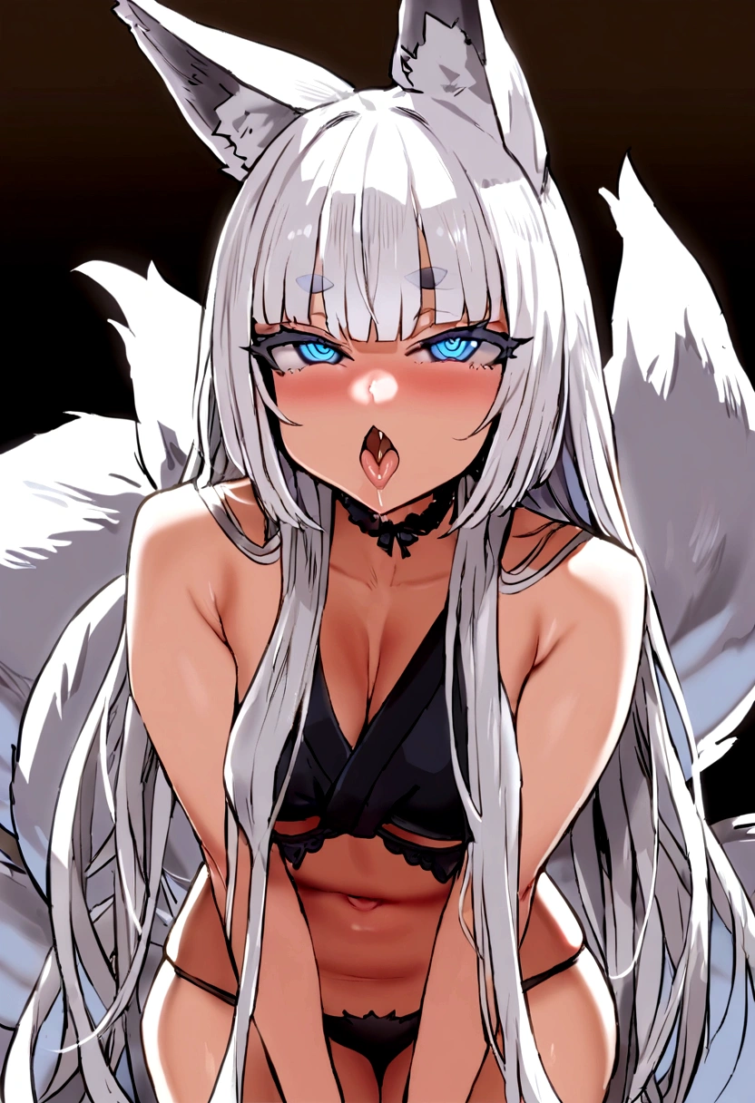 masterpiece, best quality, kitsune 1girl, solo, beautiful kitsune woman, fox ears, bangs, white hair, very long hair, blue eyes,  ahegao, medium breasts, black choker, black bra, black panties, 5 white fox tails, white hair, cowboyshot, looking at viewer