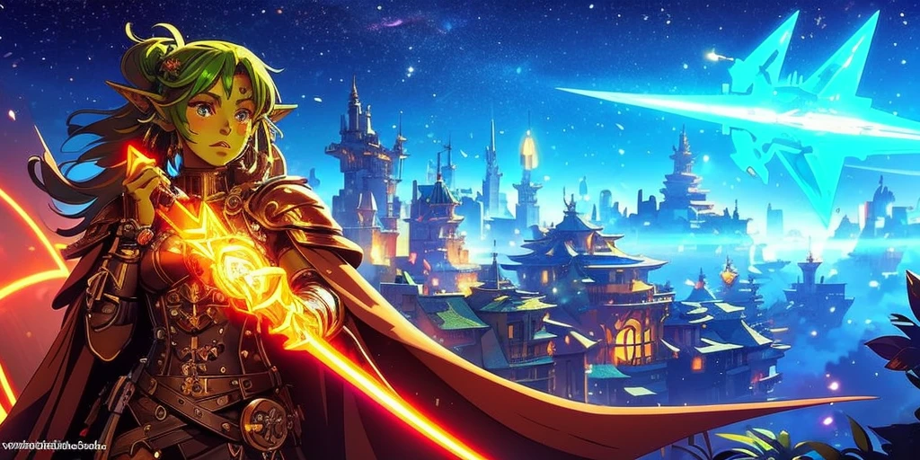 Ancient anime style, artbook, comicbook, RPG, futuristic medieval. Goblin God, with human face with glowing tribal magic tattoos, neon details, with technological tribal armor with glowing magic marks, full body, bare feet, spear with glowing magic marks. Epic scene, wide and deep scenery, with several depth planes, stylish and dynamic pose. In the middle of a magical steampunk technological village, mixing technology and vegetation, buildings with neon details and glowing magical vegetation, magical technological airships with shiny details inspired by ships flying in the sky.