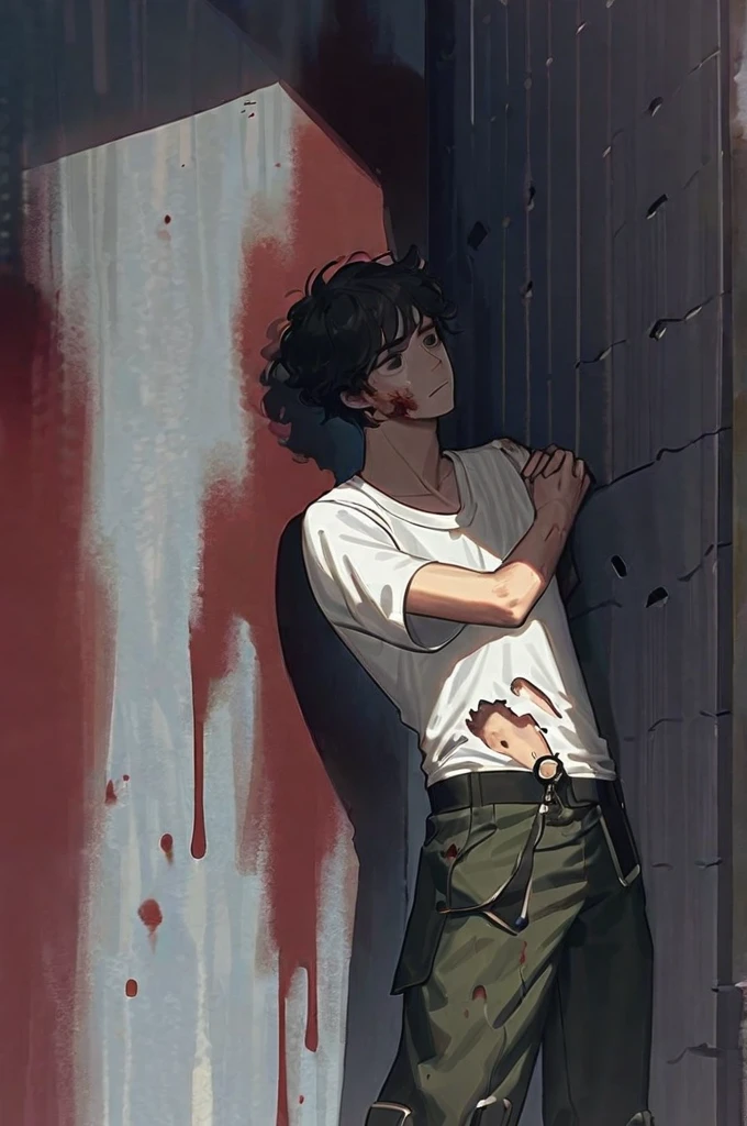 ((Лучшее качество)), ((шедевр)), (подробный), guy, short jet black short hair, bangs on the eye, one-eyed, (one-eyed:1,9), bright brown eyes, thick black eyebrows, thick black eyelashes, blank stare, staring at nothing, blood on his face, normal build, black unbuttoned robe, white bloody t-shirt, torn t-shirt, hole in his stomach, through bloody wound on his stomach, bleeding, open wound, cargo pants black, white sneakers, hammered into a steel wall, lying on his back, dying, black eyes , bloody wall