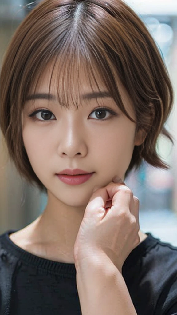masutepiece, Best Quality, Illustration, Ultra-detailed, finely detail, high resolution, 8K Wallpaper, Perfect dynamic composition, a bit chubby:0.3, 1 beautiful girl, seductive expression, ((close up:1.1, looking at viewer)), Beautiful detailed eyes, (wearing black t-shirts, short bob-hair, color base on white black),