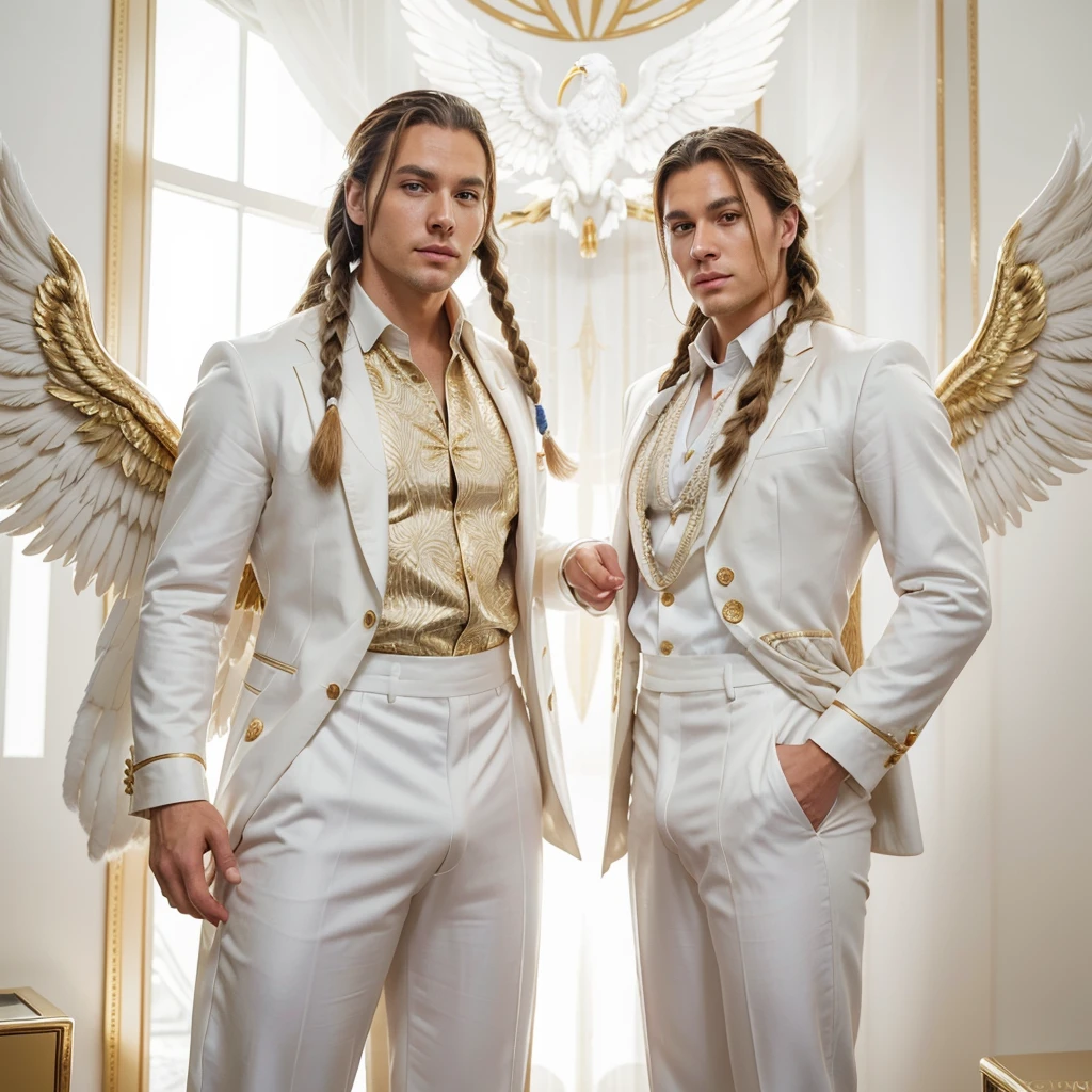 Cayo is a handsome man., high tall, He wears a gold and white royal suit.. Her hair is long and white, braided to one side... His eyes are golden brown.. It has huge white wings.. Human form of the White Phoenix. big bulge in pants. detailed hands. detailed body. muscular male