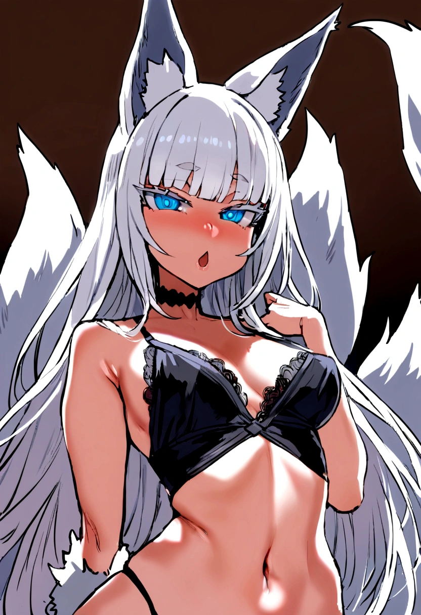 masterpiece, best quality, kitsune 1girl, solo, beautiful kitsune woman, fox ears, bangs, white hair, very long hair, blue eyes,  ahegao, medium breasts, black choker, black bra, black panties, 5 white fox tails, white hair, cowboyshot, looking at viewer