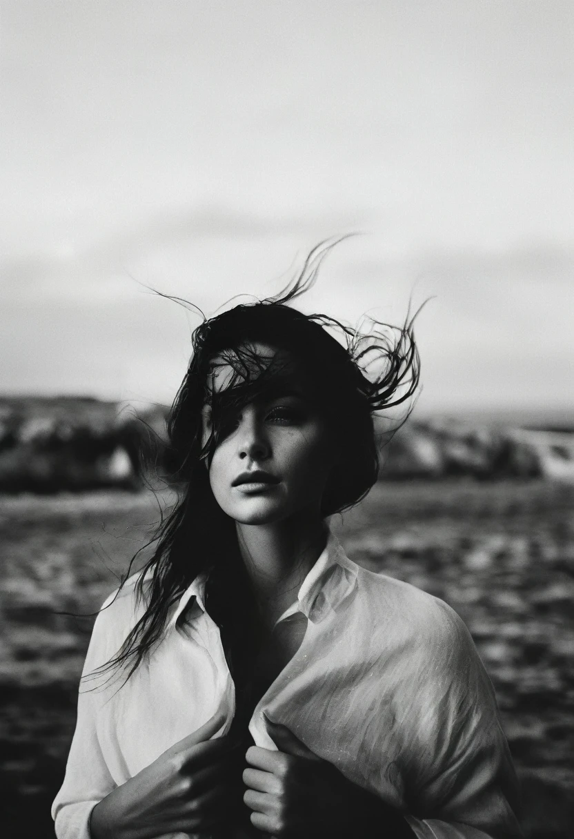 woman with long hair standing., windblown dark hair, by Karl Büsgen, windy hair, wet skin and hair blown by the wind, wind in hair, hair blown by the wind, by Silvia Pelissero, windy mood, hair floating in the wind, by Lucía Peka, hair blown by the wind