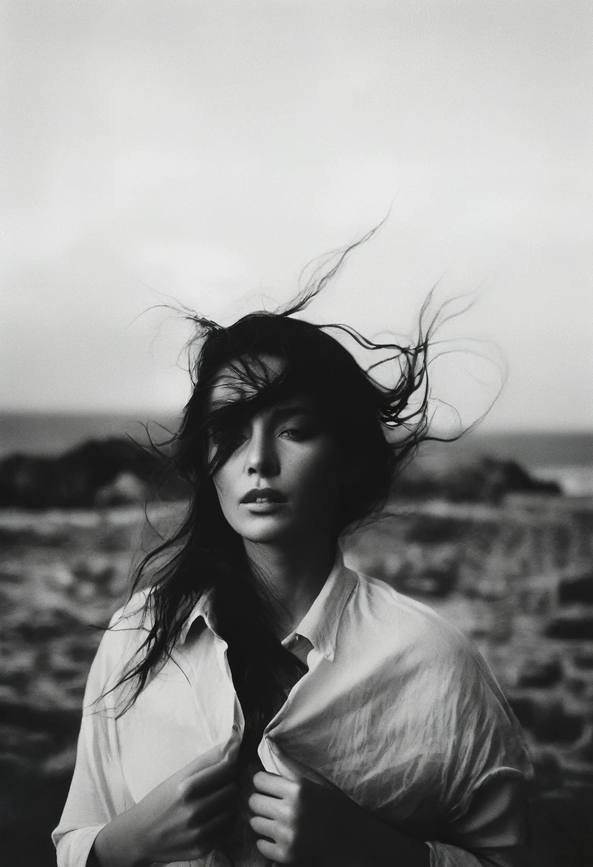 woman with long hair standing., windblown dark hair, by Karl Büsgen, windy hair, wet skin and hair blown by the wind, wind in hair, hair blown by the wind, by Silvia Pelissero, windy mood, hair floating in the wind, by Lucía Peka, hair blown by the wind