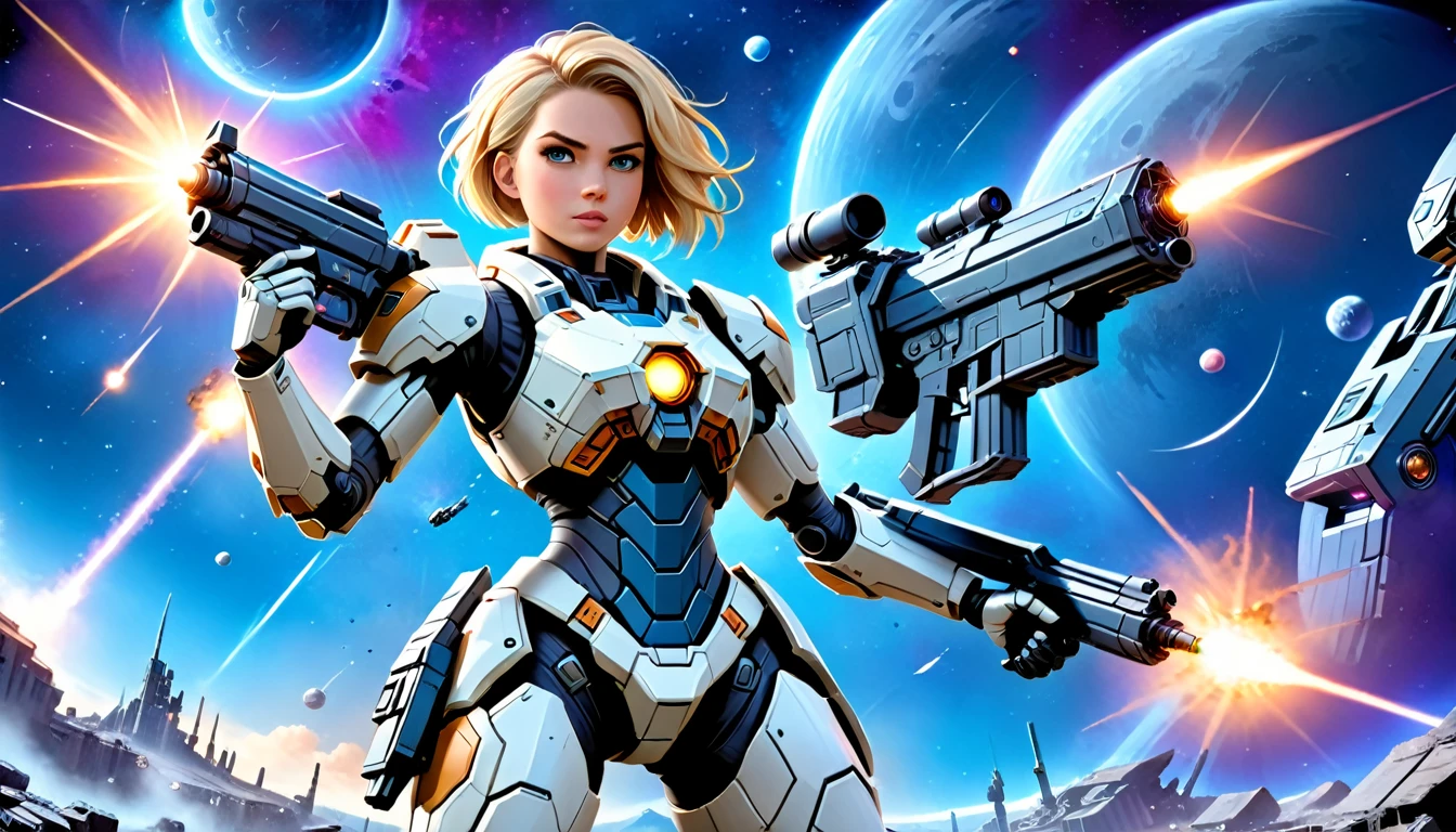 a human female mech warrior in battle on a moon in space, full body shot, action shot, a tough and beautiful female mech warrior, short blond hair, dynamic eye color, intent gaze, ultra detailed face, best detailed face, she wears mech armor, and massive sci-fi gun, in battle, outer space background, stars, vibrant, Ultra-high resolution, High Contrast, (masterpiece:1.5), highest quality, Best aesthetics), best details, best quality, highres, (ultra wide angle: 1.2), 16k, ultra detailed, masterpiece, best quality, (extremely detailed),dark novel, Mechanical Creatures, 