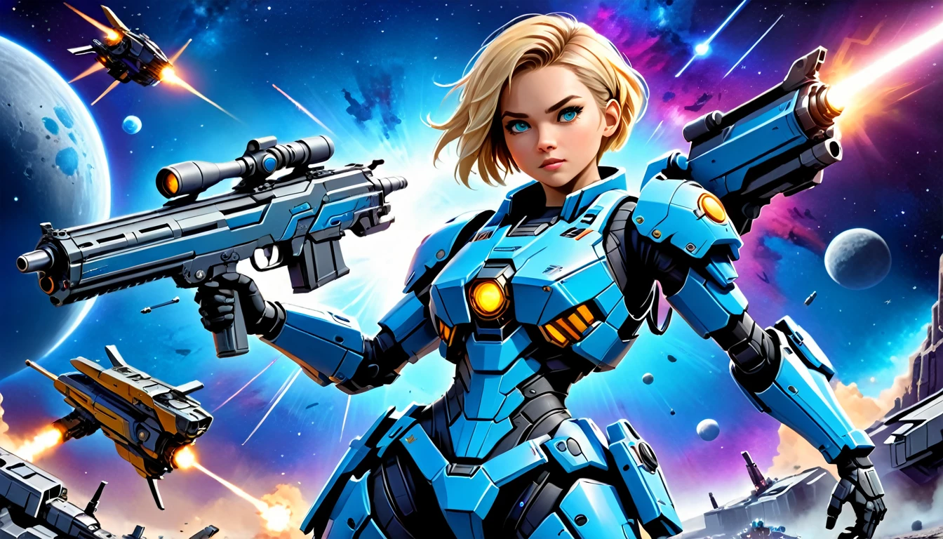 a human female mech warrior in battle on a moon in space, full body shot, action shot, a tough and beautiful female mech warrior, short blond hair, dynamic eye color, intent gaze, ultra detailed face, best detailed face, she wears mech armor, and massive sci-fi gun, in battle, outer space background, stars, vibrant, Ultra-high resolution, High Contrast, (masterpiece:1.5), highest quality, Best aesthetics), best details, best quality, highres, (ultra wide angle: 1.2), 16k, ultra detailed, masterpiece, best quality, (extremely detailed),dark novel, Mechanical Creatures, 