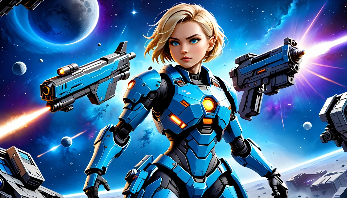 a human female mech warrior in battle on a moon in space, full body shot, action shot, a tough and beautiful female mech warrior, short blond hair, dynamic eye color, intent gaze, ultra detailed face, best detailed face, she wears mech armor, and massive sci-fi gun, in battle, outer space background, stars, vibrant, Ultra-high resolution, High Contrast, (masterpiece:1.5), highest quality, Best aesthetics), best details, best quality, highres, (ultra wide angle: 1.2), 16k, ultra detailed, masterpiece, best quality, (extremely detailed),dark novel, Mechanical Creatures,