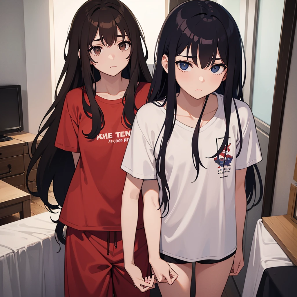 "Create an image split vertically in half, showing Alex and Sofia on opposite sides. They are both in their respective bedrooms, wearing pajamas, and looking down into their shorts with expressions of shock and fright. The vertical dividing line should highlight the difference in environments and the unusual situation." Alex: "A 16-year-old, athletic young man with short, dark brown hair, wearing men's pajamas (short-sleeved t-shirt and shorts). room decorated with sports themes, looking down into her shorts with an expression of shock and fright." Sofia: "A 16-year-old girl, slender, with long light brown hair, wearing women's pajamas (pajama top and shorts) . She is standing on the right side of the image, in a softly decorated room, looking down into her shorts with an expression of shock and fright." Divider: "The image is divided vertically in half, highlighting the difference between the rooms and the unusual situation of the two teenagers switching bodies." "Both characters are dressed in their pajamas, each in their room, with a vertical dividing line between them, looking down their shorts with expressions of shock and fright." 