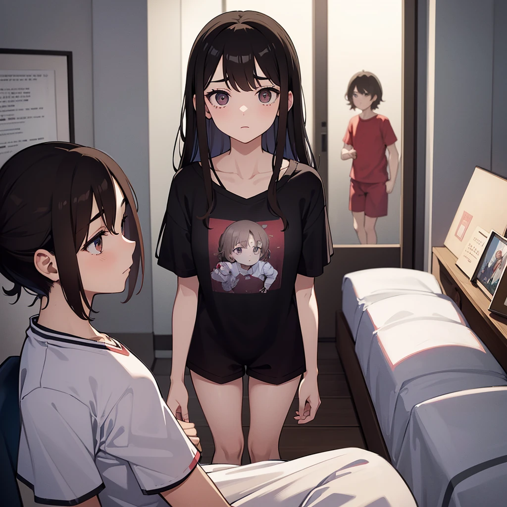 "Create an image split vertically in half, showing Alex and Sofia on opposite sides. They are both in their respective bedrooms, wearing pajamas, and looking down into their shorts with expressions of shock and fright. The vertical dividing line should highlight the difference in environments and the unusual situation." Alex: "A 16-year-old, athletic young man with short, dark brown hair, wearing men's pajamas (short-sleeved t-shirt and shorts). room decorated with sports themes, looking down into her shorts with an expression of shock and fright." Sofia: "A 16-year-old girl, slender, with long light brown hair, wearing women's pajamas (pajama top and shorts) . She is standing on the right side of the image, in a softly decorated room, looking down into her shorts with an expression of shock and fright." Divider: "The image is divided vertically in half, highlighting the difference between the rooms and the unusual situation of the two teenagers switching bodies." "Both characters are dressed in their pajamas, each in their room, with a vertical dividing line between them, looking down their shorts with expressions of shock and fright." 