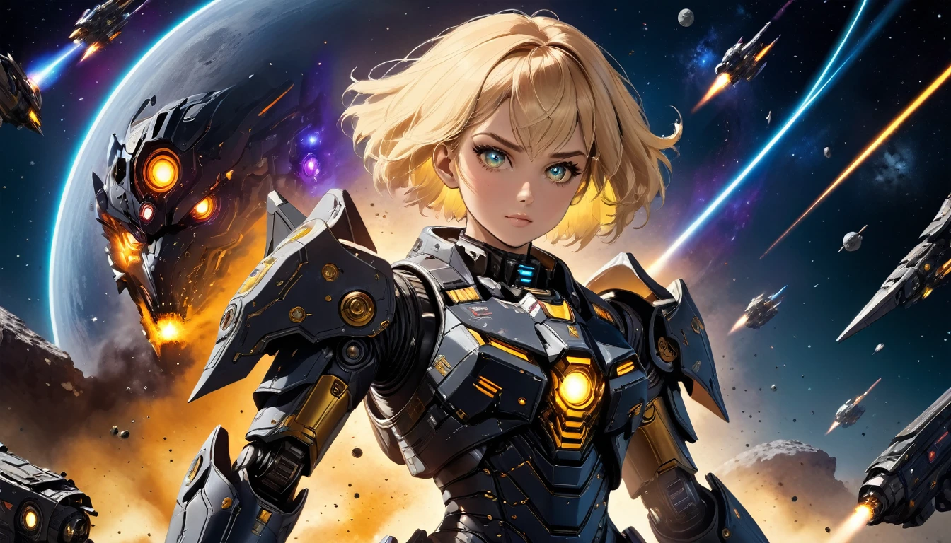 a human female mech warrior in battle on a moon in space, full body shot, action shot, a tough and beautiful female mech warrior, short blond hair, dynamic eye color, intent gaze, ultra detailed face, best detailed face, she wears mech armor, and massive sci-fi gun, in battle, outer space background, stars, vibrant, Ultra-high resolution, High Contrast, (masterpiece:1.5), highest quality, Best aesthetics), best details, best quality, highres, (ultra wide angle: 1.2), 16k, ultra detailed, masterpiece, best quality, (extremely detailed),dark novel, Mechanical Creatures, 