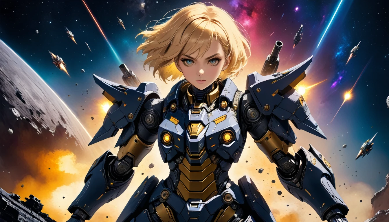 a human female mech warrior in battle on a moon in space, full body shot, action shot, a tough and beautiful female mech warrior, short blond hair, dynamic eye color, intent gaze, ultra detailed face, best detailed face, she wears mech armor, and massive sci-fi gun, in battle, outer space background, stars, vibrant, Ultra-high resolution, High Contrast, (masterpiece:1.5), highest quality, Best aesthetics), best details, best quality, highres, (ultra wide angle: 1.2), 16k, ultra detailed, masterpiece, best quality, (extremely detailed),dark novel, Mechanical Creatures, 