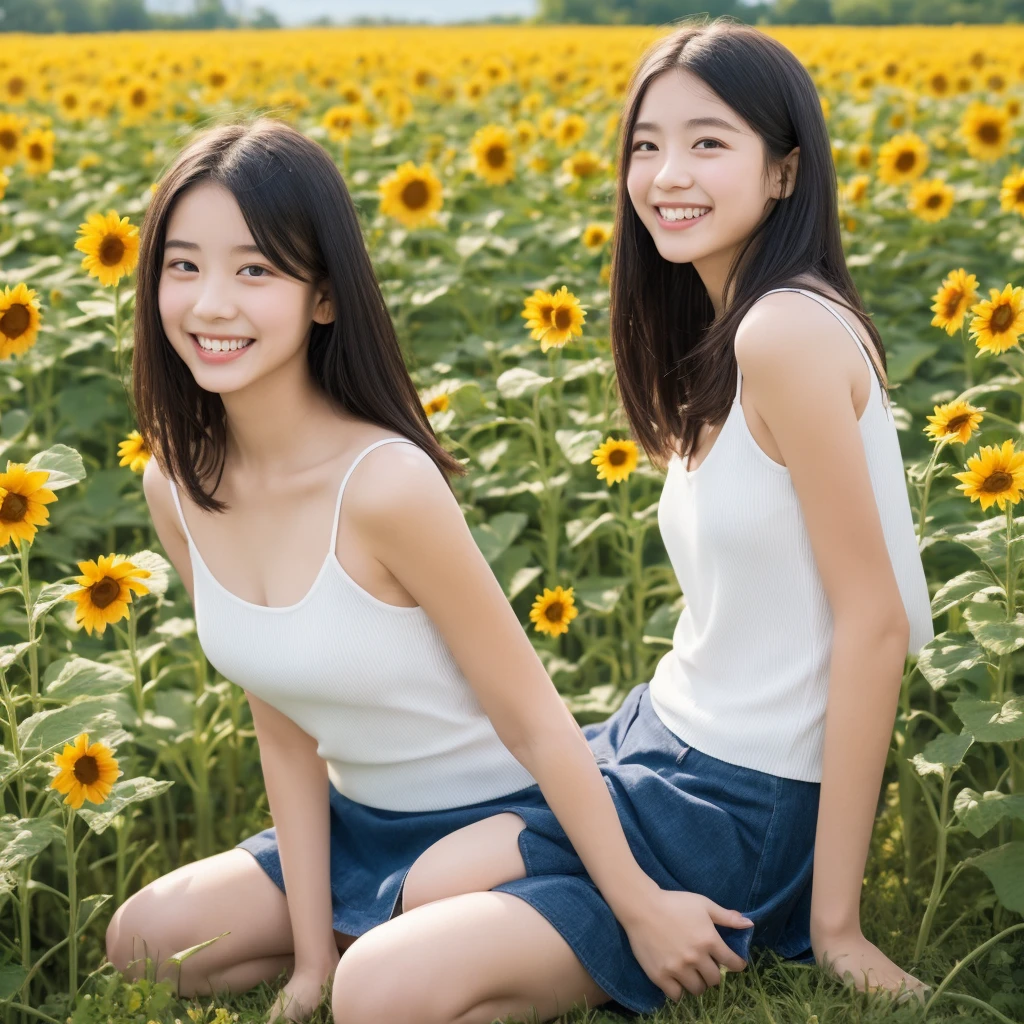 8K, beautiful elementary school girl, 10 year old super beautiful girl、lovely smile, black hair, detailed beautiful face, White camisole, sunflower field, very strong wind, Decolletage, sitting on the buttocks