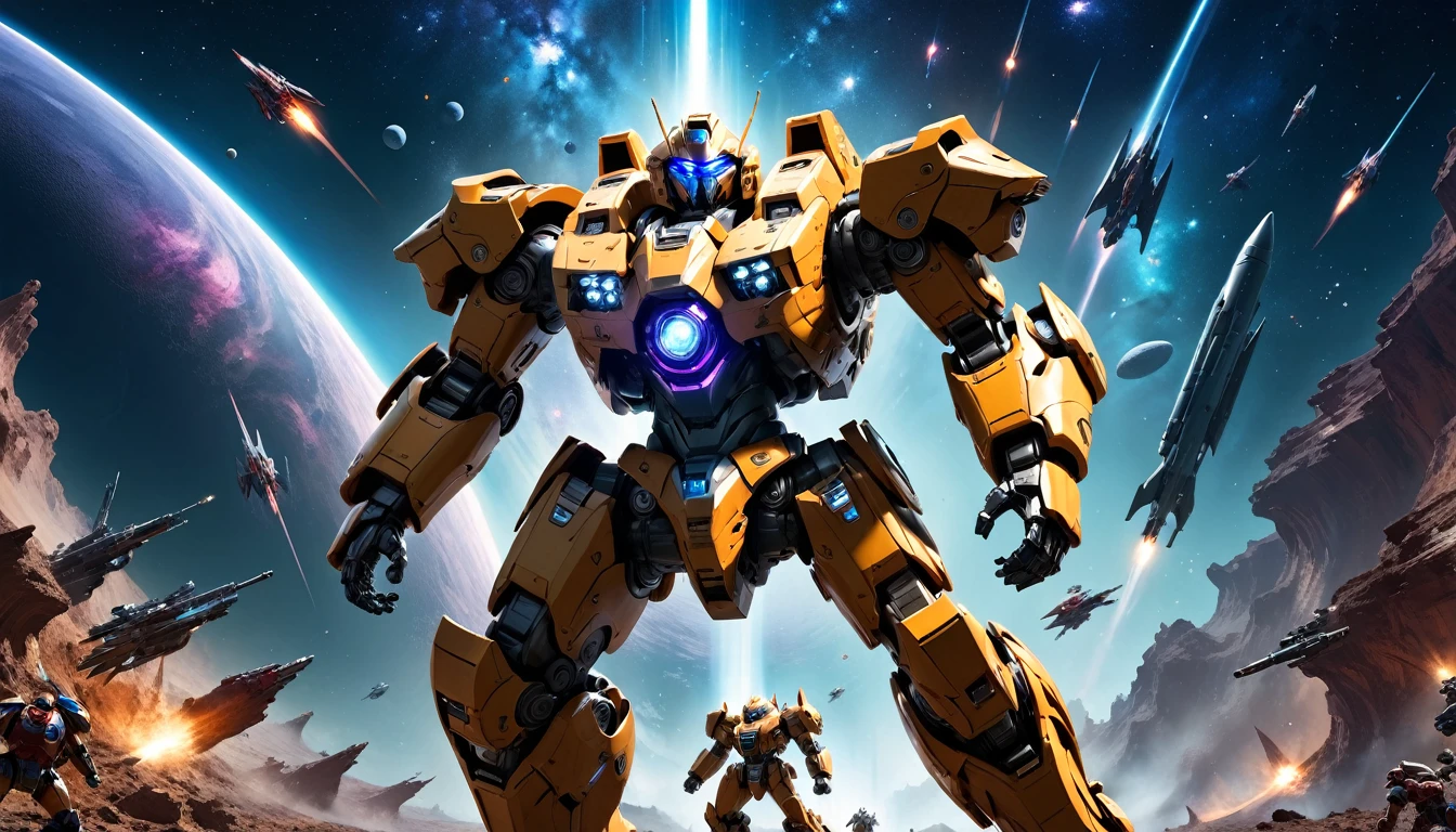a human female mech warrior in battle on a moon in space, full body shot, action shot, a tough and beautiful female mech warrior, short blond hair, dynamic eye color, intent gaze, ultra detailed face, best detailed face, she wears mech armor, and massive sci-fi gun, in battle, outer space background, stars, vibrant, Ultra-high resolution, High Contrast, (masterpiece:1.5), highest quality, Best aesthetics), best details, best quality, highres, (ultra wide angle: 1.2), 16k, ultra detailed, masterpiece, best quality, (extremely detailed),dark novel, Mechanical Creatures,