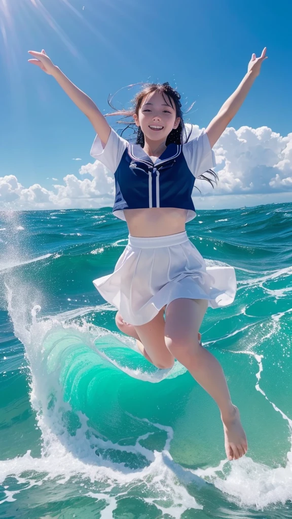 1girl,masterpiece, 12 years old;beautiful girl、8K quality, High definition, realistic pictures, professional writing, There is a woman jumping in the air from underwater to the sky., ((A pose that looks like dancing with the face facing upwards)), face upwards, dance in the air,artistic swimming, jump towards the viewer, jump towards viewer, she is floating in the air, jump into the air, jump on the audience, jump, jump with arms up, floating in the air, floating on the ground, Jump for joy, jump pose, horizontally jump!!!, wearing a sailor suit, high school girl,((Big wave crashing down)), ((Splashes of water splashing from the body)), Clear blue sky and white clouds, Sunlight flares