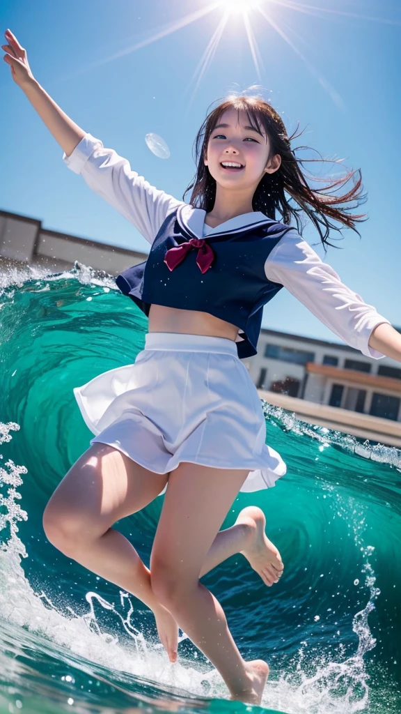 1girl,masterpiece, 12 years old;beautiful girl、8K quality, High definition, realistic pictures, professional writing, There is a woman jumping in the air from underwater to the sky., ((A pose that looks like dancing with the face facing upwards)), face upwards, dance in the air,artistic swimming, jump towards the viewer, jump towards viewer, she is floating in the air, jump into the air, jump on the audience, jump, jump with arms up, floating in the air, floating on the ground, Jump for joy, jump pose, horizontally jump!!!, wearing a sailor suit, high school girl,((Big wave crashing down)), ((Splashes of water splashing from the body)), Clear blue sky and white clouds, Sunlight flares