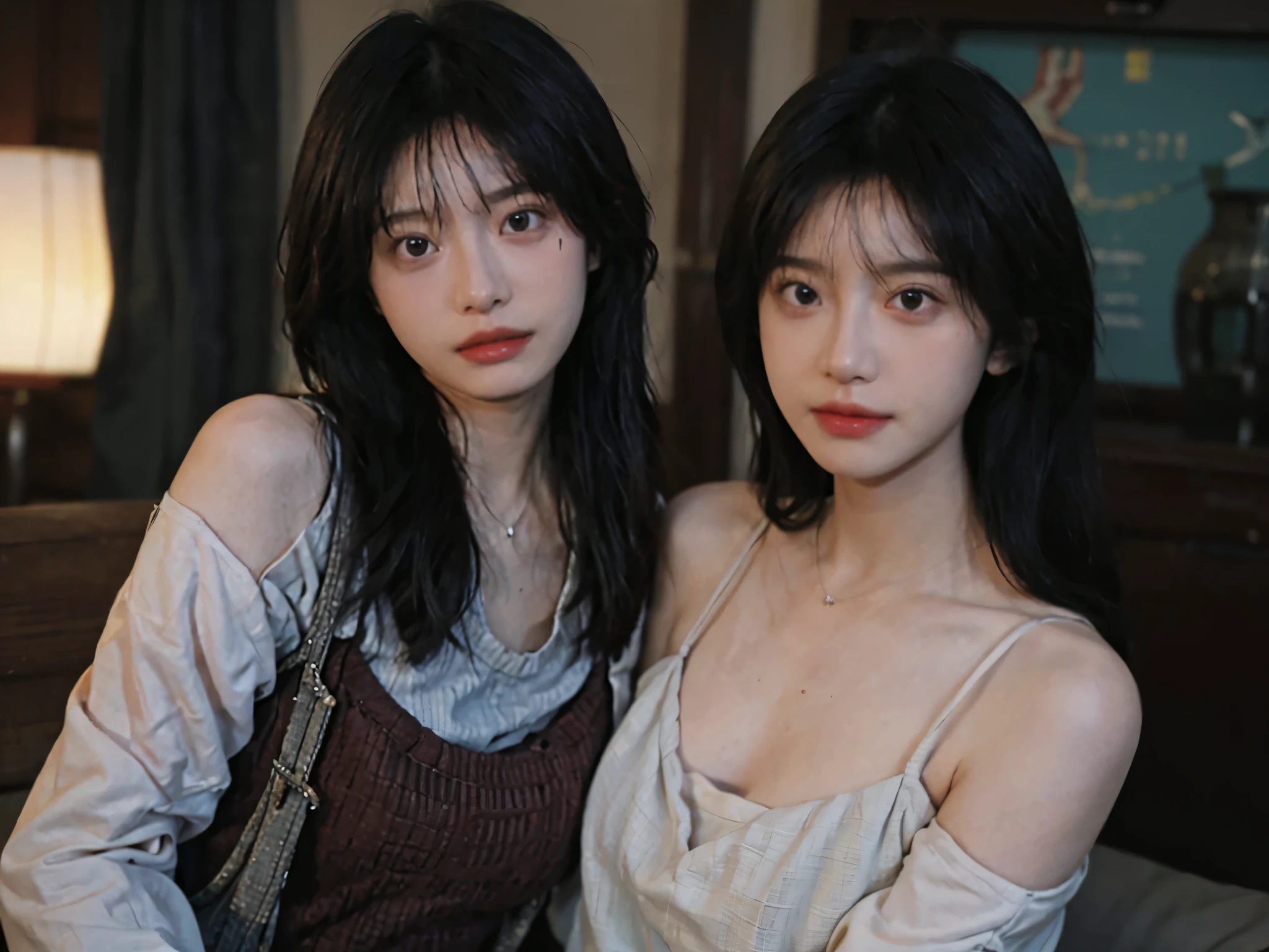 Film portrait photography, 2 girls, Bare shoulders,Lipstick，（flat chest：1.4）， Wear a necklace，Cute expression,Exquisite makeup，Red suspenders，serene, calm, (Realistic and detailed eyes, Natural skin texture, Realistic facial details), Big breasts：1.6，Big Breasts，Soft dramatic lighting, Depth of Field, Bokeh, Vibrant details, Detailed and detailed, Surreal, 35mm film, hazy, ,