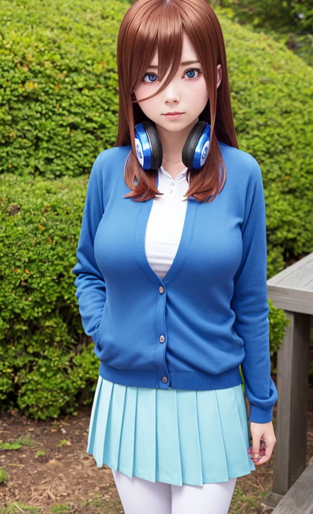 masterpiece,Highest quality,1 Girl,alone,Pokémon-like art style,(bold:1.6),(flat:1.5), miku nakano, Long Hair, bangs, blue eyes, Brown Hair, shirt, Hair between the eyes, Headphones, Headphones AROUND NECK,
skirt, shirt, Long sleeve, WHITE shirt, Black Pantyhose, PLEATED skirt, Black Pantyhose, cardigan, GREEN skirt, light BLUE cardigan, Big Breasts