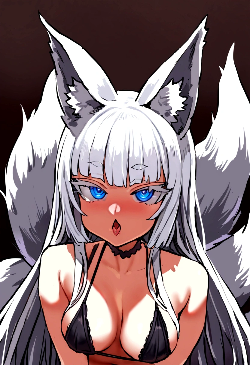 masterpiece, best quality, kitsune 1girl, solo, beautiful kitsune woman, fox ears, bangs, white hair, very long hair, blue eyes,  ahegao, medium breasts, black choker, black bra, black panties, 5 white fox tails, white hair, cowboyshot, looking at viewer