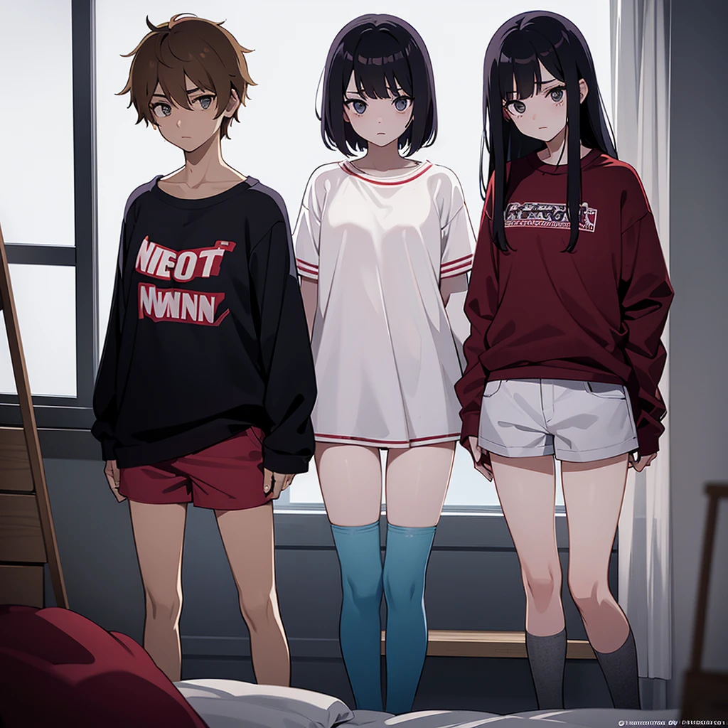 "Create an image split vertically in half, showing Alex and Sofia on opposite sides. They are both in their respective bedrooms, wearing pajamas, and looking down into their shorts with expressions of shock and fright. The vertical dividing line should highlight the difference in environments and the unusual situation." Alex: "A 16-year-old, athletic young man with short, dark brown hair, wearing men's pajamas (short-sleeved t-shirt and shorts). room decorated with sports themes, looking down into her shorts with an expression of shock and fright." Sofia: "A 16-year-old girl, slender, with long light brown hair, wearing women's pajamas (pajama top and shorts) . She is standing on the right side of the image, in a softly decorated room, looking down into her shorts with an expression of shock and fright." Divider: "The image is divided vertically in half, highlighting the difference between the rooms and the unusual situation of the two teenagers switching bodies." "Both characters are dressed in their pajamas, each in their room, with a vertical dividing line between them, looking down their shorts with expressions of shock and fright."