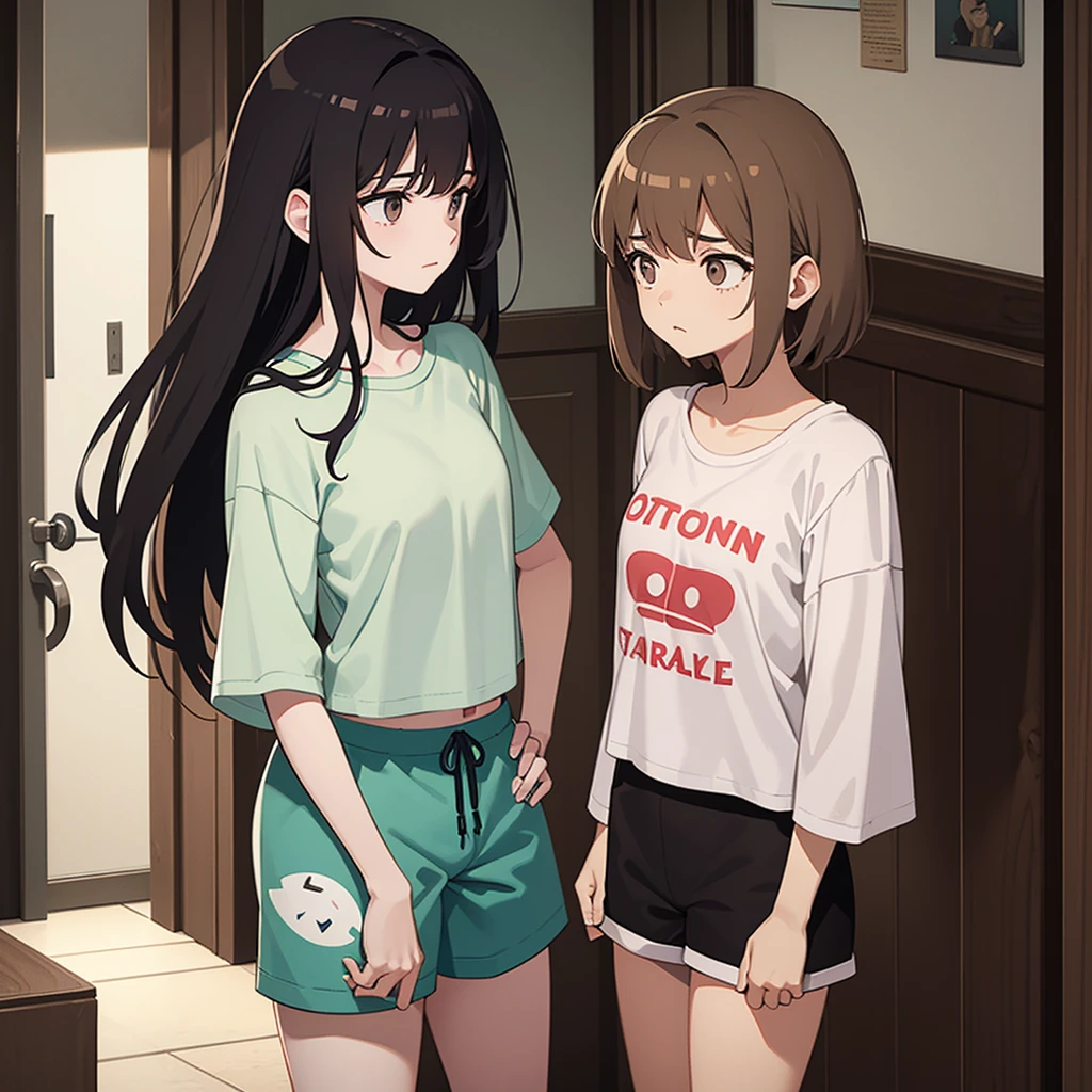 "Create an image split vertically in half, showing Alex and Sofia on opposite sides. They are both in their respective bedrooms, wearing pajamas, and looking down into their shorts with expressions of shock and fright. The vertical dividing line should highlight the difference in environments and the unusual situation." Alex: "A 16-year-old, athletic young man with short, dark brown hair, wearing men's pajamas (short-sleeved t-shirt and shorts). room decorated with sports themes, looking down into her shorts with an expression of shock and fright." Sofia: "A 16-year-old girl, slender, with long light brown hair, wearing women's pajamas (pajama top and shorts) . She is standing on the right side of the image, in a softly decorated room, looking down into her shorts with an expression of shock and fright." Divider: "The image is divided vertically in half, highlighting the difference between the rooms and the unusual situation of the two teenagers switching bodies." "Both characters are dressed in their pajamas, each in their room, with a vertical dividing line between them, looking down their shorts with expressions of shock and fright."